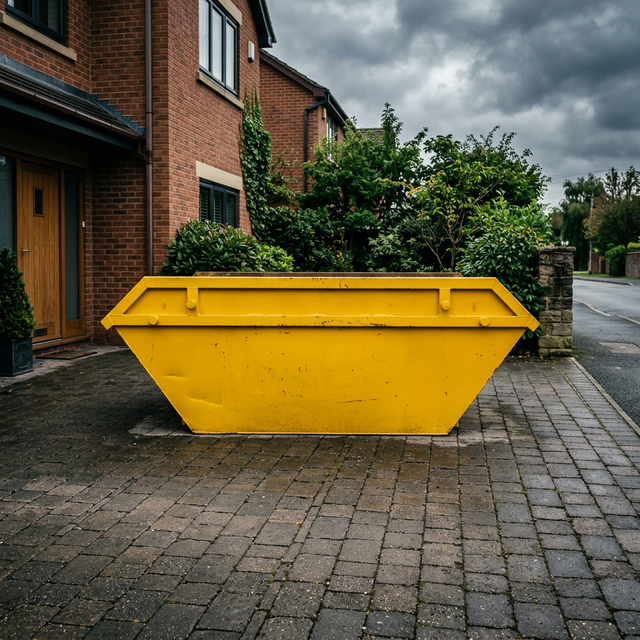 A clean yellow midi skip on a driveway